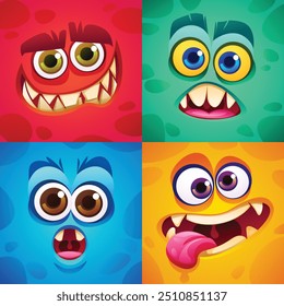 Caras de monstruo con diversas expresiones divertidas. Vector ilustración de dibujos animados