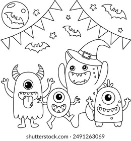 Monster Family Having a Halloween Party Colouring, Halloween Outline Coloring Page