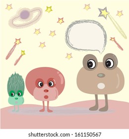 Monster Family , one parent and two kids with blank speech bubble.