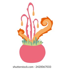 Monster Fantastic plant illustration. Vector fantasy scary flower graphic. Flat or Cartoon Alien Botany object in Flower pot with predators. Vibrant colors Magic Flora isolated on white background.