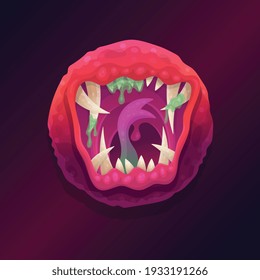 Monster or fantasy spooky animal toothy jaws or mouth in bright red tints, flat cartoon vector illustration isolated on red background. Mouth of screaming angry monster.