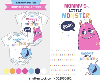 Monster fashion design set for baby and kids wear (artworks and pattern).