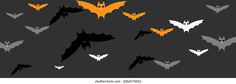 Monster Fear Scary Orange Dracula Bats. Funny Mysterious Black Gothic Cartoon Halloween Modern Design. Spooky Faces White Chaos Grey Backdrop. Vampire Horror Sky Creepy Party Bats Illustration.