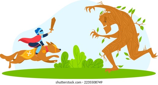 Monster fight with knight warrior in medieval armor, vector illustration. Cartoon fantasy battle in fairy tale, brave man character with sword