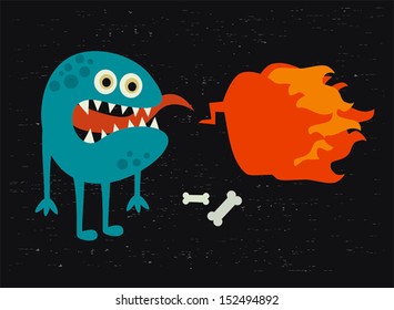 Monster with fire banner. Vector illustration. 