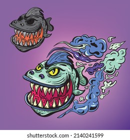 Monster fish cartoon Vector. Funny and scary Animals cartoon character illustration .suitable for t-shirt and sticker