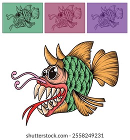 monster fish illustration vector based on the creator's imagination is made using affinity designer software. this work is in the form of line art and colour gradation. 