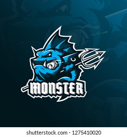 Monster Fish Mascot Logo Design Vector With Modern Illustration Concept Style For Badge, Emblem And Tshirt Printing. Angry Fish Illustration With A Spear In Hand.