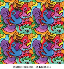 monster and floweracid concept. abstract colorfull acid psychedelic unique abstract repeatable seamless patern vector illustration