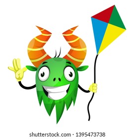 Monster flying a kite, illustration, vector on white background.