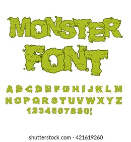 Monster font. Horrible Alphabet letters of green. Sweet Frightening ABC of terrible letters. disgusting being
