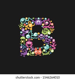 Monster font. Letter B made of yellow, pink, green, blue, orange blots, eyes and funny monsters