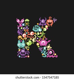 Monster font. Letter K made of yellow, pink, green, blue, orange blots, eyes and funny monsters