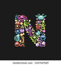 Monster font. Letter N made of yellow, pink, green, blue, orange blots, eyes and funny monsters