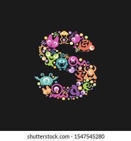 Monster font. Letter S made of yellow, pink, green, blue, orange blots, eyes and funny monsters