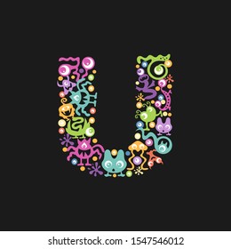 Monster font. Letter U made of yellow, pink, green, blue, orange blots, eyes and funny monsters