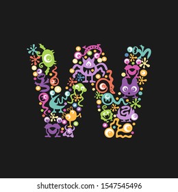 Monster font. Letter W made of yellow, pink, green, blue, orange blots, eyes and funny monsters