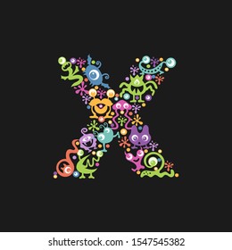 Monster font. Letter X made of yellow, pink, green, blue, orange blots, eyes and funny monsters