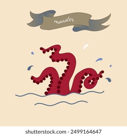 A monster in the form of a red squid from the sea or ocean in a flat style for a sharp perception of travel and adventure
