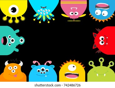 Monster frame. Cute cartoon scary character set. Different emotion. Baby collection. Black background Isolated. Happy Halloween card. Flat design. Vector illustration.