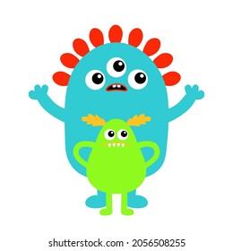 Monster friend icon set. Happy Halloween. Cute face head. Eyes, horns, fang tooth. Cartoon boo spooky character. Kawaii funny baby. Blue green silhouette. Flat design. White background. Vector