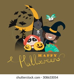 Monster friends kids guising trick or treat. Vector illustration