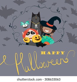 Monster friends kids guising trick or treat. Vector illustration