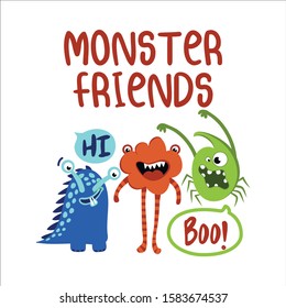 Monster Friends - print design with beast characters - funny hand drawn doodle, cartoon yeti. Good for Poster or t-shirt textile graphic design. Vector hand drawn illustration.