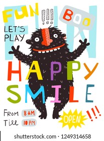 Monster Fun Happy Smile Lettering Poster Design. Funny kids design with black greeting monster. Vector cartoon.