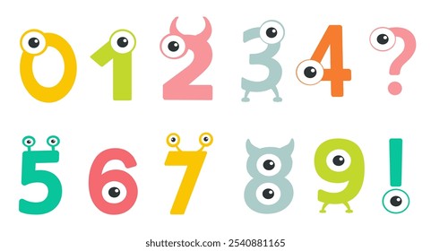Monster , funny children's decorative font, cute numbers with emotions on the face, colorful children's font symbols for scrapbooking, education or writing. Vector cartoon illustration.