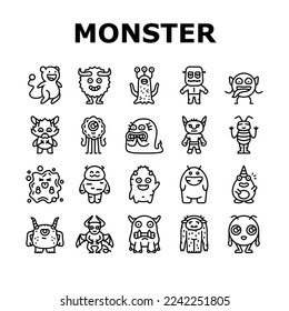 monster funny cute alien icons set vector. animal halloween, happy face, comic creature, devil scary, mouth mascot little teeth monster funny cute alien black contour illustrations