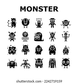 monster funny cute alien icons set vector. animal halloween, happy face, comic creature, devil scary, mouth mascot little teeth monster funny cute alien glyph pictogram Illustrations
