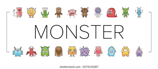 monster funny cute alien icons set vector. animal halloween, happy face, comic creature, devil scary, mouth mascot little teeth monster funny cute alien color line illustrations