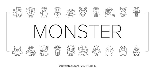 monstruoso divertido lindo icono alienígena conjunto vector. halloween animal, cara feliz, criatura cómica, miedo del diablo, mascota de la boca dientes pequeños monstruo graciosos lindo alien contorno ilustraciones negras