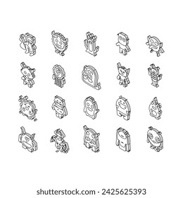 monster funny cute alien isometric icons set. animal halloween, happy face, comic creature, devil scary, mouth mascot little teeth monster funny cute alien color line