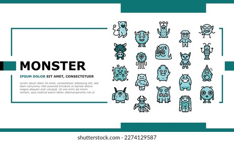 monster funny cute alien landing web page vector. animal halloween, happy face, comic creature, devil scary, mouth mascot little teeth monster funny cute alien Illustration