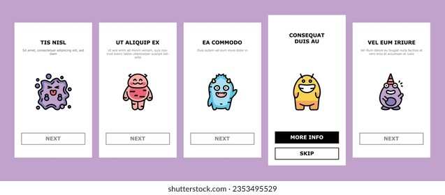 monster funny cute alien onboarding mobile vector. animal halloween, happy face, comic creature, devil scary, mouth mascot little teeth monster funny cute alien Illustration