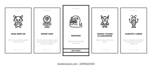 monster funny cute alien onboarding mobile vector. animal halloween, happy face, comic creature, devil scary, mouth mascot little teeth monster funny cute alien Illustration