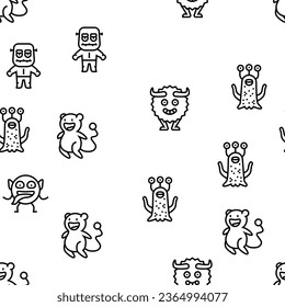 monster funny cute alien vector seamless pattern thin line illustration