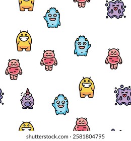 monster funny cute alien vector seamless pattern thin line illustration