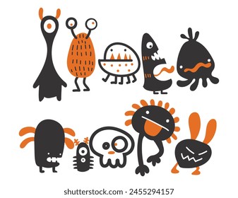 Monstruo divertido y lindo personaje de dibujos animados monstruo, mascota monstruo, Halloween Monstruos Clip Artes Set Archivo de Vector