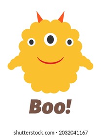 Monster funny kind cute orange color with red horns and three eyes smiles and says Boo isolated on a white background. The character is trying to scare. Happy Halloween. Vector flat illustration