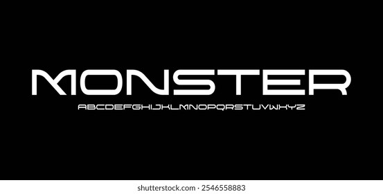 Monster, futuristic minimalist display font design, alphabet, typeface, letters and numbers, typography.
