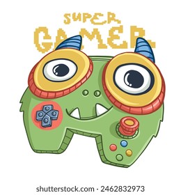 Monster gamepad cartoon character with pixel text. Game pad print monster with horn and smiling face. Game pad t shirt design on white background