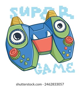 Caricatura de gamepad monstruo con texto de píxel. Monstruo de estampado de almohadilla de juego con cuerno y cara sonriente. Diseño de la camiseta del cojín del juego sobre fondo blanco