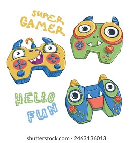 Caricatura de gamepad monstruo con texto de píxel. Monstruo de estampado de almohadilla de juego con cuerno y cara sonriente. Diseño de la camiseta del cojín del juego sobre fondo blanco