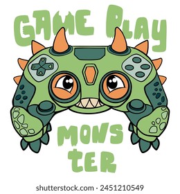 Monster gamepad illustration. Cartoon joystick print. Game pad print. Dragon gamepad print with smiling and horn, text Play and win