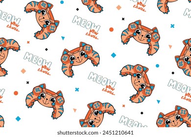 Monster gamepad seamless pattern with text MEOW, new level. Cartoon joystick repeat print. Game pad print. Cat gamepad print on white background
