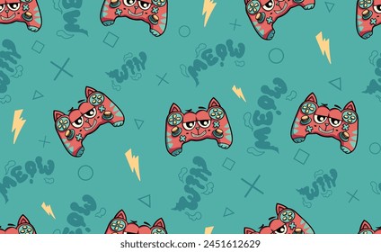 Monster gamepad seamless pattern with text MEOW. Cartoon kitten joystick repeat print. Game pad cat print. Cat gamepad ornament on blue background with lightnings