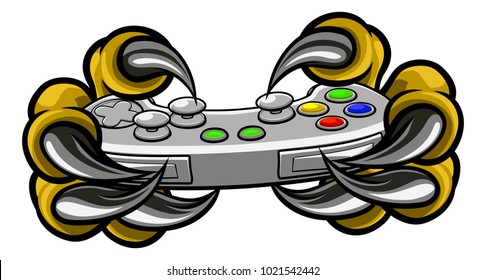 Monster gamer player hands or claws holding a controller playing video games 